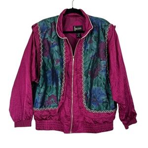 VINTAGE INDICATIONS Jewel Toned Floral & Metallic Silver Zip Up Wind Jacket LG